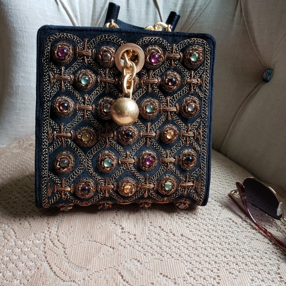 Tory Burch Black Velvet Jeweled Box Clutch with Gold Hardware ULTRA rare